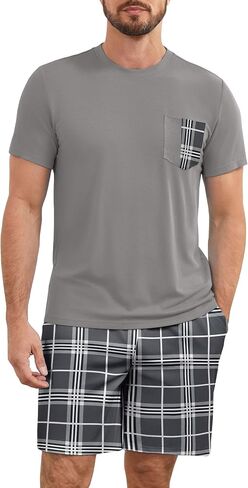 Pajamas Set for Men Plaid Short Sleeve and Pajama Shorts Sets Cotton 2 Piece Pj Set Lounge Set Summer Loungewear in Saudi Arabia