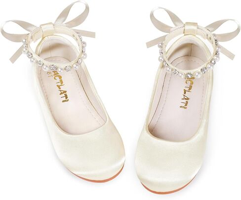 Toddler Flower Girl Dress Shoes Satin Ballet Mary Jane Flats Little Girl Pearls Rhinestone Strap Princess Shoes for School Casual Wedding Party Church in Saudi Arabia