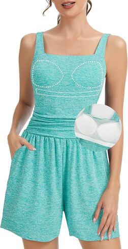 SLIMBELLE Built in Bra Athletic Rompers for Women Summer Square Neck Adjustable Strap Pleat Waist Pockets Short Jumpsuit in Saudi Arabia