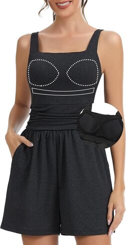 SLIMBELLE Built in Bra Athletic Rompers for Women Summer Square Neck Adjustable Strap Pleat Waist Pockets Short Jumpsuit in Saudi Arabia