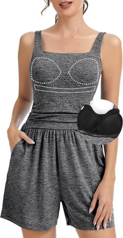 SLIMBELLE Built in Bra Athletic Rompers for Women Summer Square Neck Adjustable Strap Pleat Waist Pockets Short Jumpsuit in Saudi Arabia