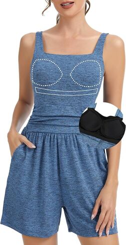 SLIMBELLE Built in Bra Athletic Rompers for Women Summer Square Neck Adjustable Strap Pleat Waist Pockets Short Jumpsuit in Saudi Arabia