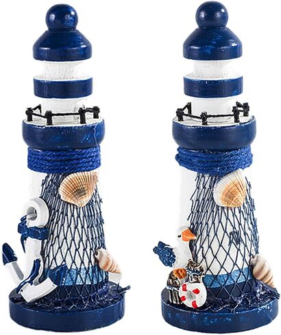 2 PCS Mini Lighthouse Decor, Handcrafted Wooden Miniature Lighthouse Model, Mediterranean Style Ornament, Ocean Tabletop Light House Decorations for Home (Style 2) in Saudi Arabia