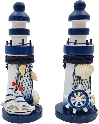 2 PCS Mini Lighthouse Decor, Handcrafted Wooden Miniature Lighthouse Model, Mediterranean Style Ornament, Ocean Tabletop Light House Decorations for Home (Style 2) in Saudi Arabia