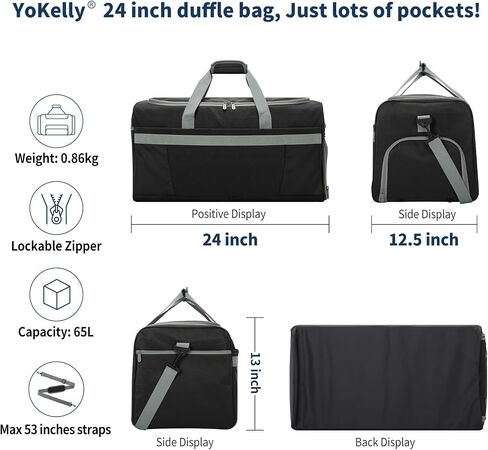 Men's 65L Gym Bag with Wet Pocket and Shoe Compartment- 24"x12.5"x13" Large Sports Duffle Bag for Gym Travel - Black in Saudi Arabia