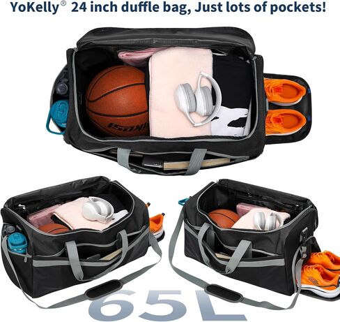 Men's 65L Gym Bag with Wet Pocket and Shoe Compartment- 24"x12.5"x13" Large Sports Duffle Bag for Gym Travel - Black in Saudi Arabia