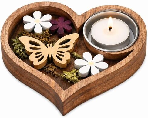 Handmade Wooden Tea Light Holder, Heart Shape with Floral Cutout Design - 2pack in Saudi Arabia