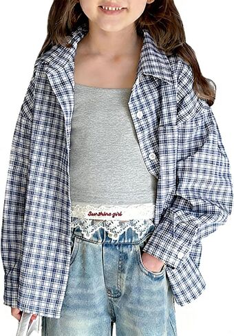 Rolanko Girls Plaid Shirt Cotton Long Sleeve Button Down Blouse Western Cowboy Shirt Gift for Kids Uniform Tops in Kuwait