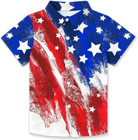 CAZYCHILD Kids USA 4th of July Shirt Girls and Boys American Flag Button Down Short Sleeve Patriotic Tee Tops 5-14Y in Kuwait