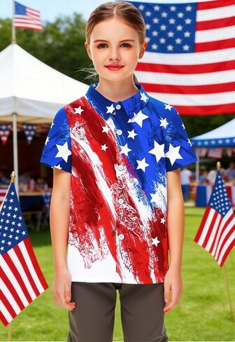 CAZYCHILD Kids USA 4th of July Shirt Girls and Boys American Flag Button Down Short Sleeve Patriotic Tee Tops 5-14Y in Kuwait