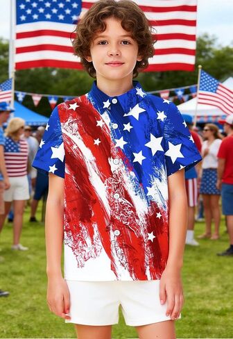 CAZYCHILD Kids USA 4th of July Shirt Girls and Boys American Flag Button Down Short Sleeve Patriotic Tee Tops 5-14Y in Kuwait