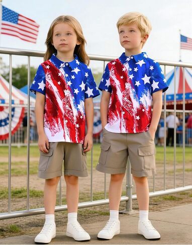 CAZYCHILD Kids USA 4th of July Shirt Girls and Boys American Flag Button Down Short Sleeve Patriotic Tee Tops 5-14Y in Kuwait