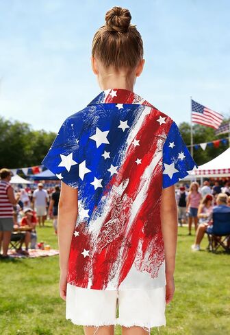 CAZYCHILD Kids USA 4th of July Shirt Girls and Boys American Flag Button Down Short Sleeve Patriotic Tee Tops 5-14Y in Kuwait