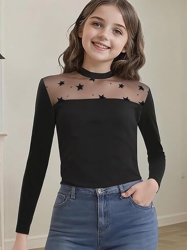 Girls Mock Neck Long Sleeve Shirts Casual Mesh Slim Fit Fall Trendy Blouses Tops 10-14 Years in Kuwait