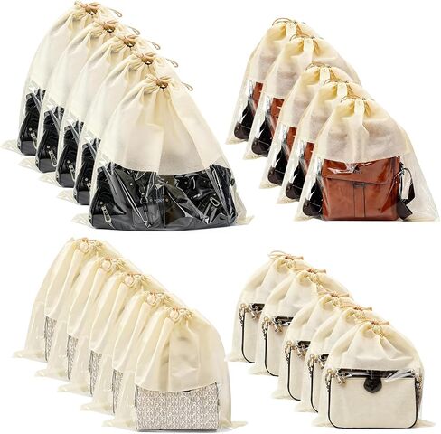 20 Pcs Purse Dust Bags for Handbags, 4 Sizes Dustproof Drawstring Bags with Clear Window, Breathable Non Woven Fabric Travel Shoe Bag, Dust Cover Handbag Pouch Covers, Beige in Saudi Arabia