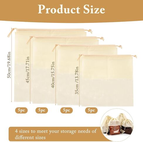 20 Pcs Purse Dust Bags for Handbags, 4 Sizes Dustproof Drawstring Bags with Clear Window, Breathable Non Woven Fabric Travel Shoe Bag, Dust Cover Handbag Pouch Covers, Beige in Saudi Arabia