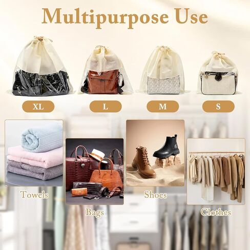 20 Pcs Purse Dust Bags for Handbags, 4 Sizes Dustproof Drawstring Bags with Clear Window, Breathable Non Woven Fabric Travel Shoe Bag, Dust Cover Handbag Pouch Covers, Beige in Saudi Arabia