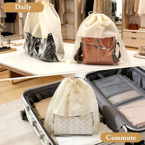 20 Pcs Purse Dust Bags for Handbags, 4 Sizes Dustproof Drawstring Bags with Clear Window, Breathable Non Woven Fabric Travel Shoe Bag, Dust Cover Handbag Pouch Covers, Beige in Saudi Arabia
