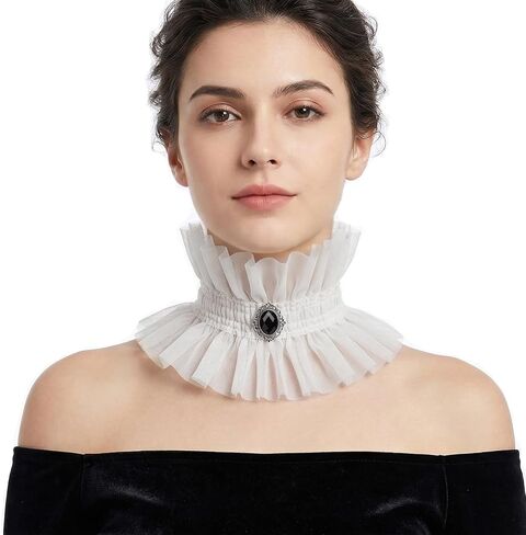 Victorian Ruffle Collar for Women Gothic Vampire Costume Accessory Detachable Renaissance Neck Ruffle with Gemstone in Saudi Arabia