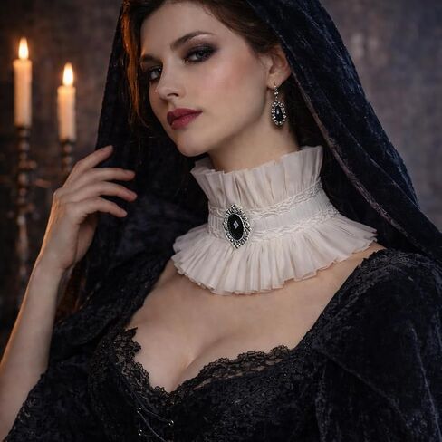 Victorian Ruffle Collar for Women Gothic Vampire Costume Accessory Detachable Renaissance Neck Ruffle with Gemstone in Saudi Arabia