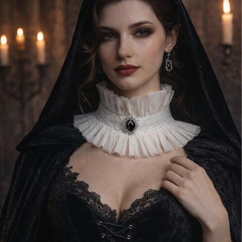 Victorian Ruffle Collar for Women Gothic Vampire Costume Accessory Detachable Renaissance Neck Ruffle with Gemstone in Saudi Arabia