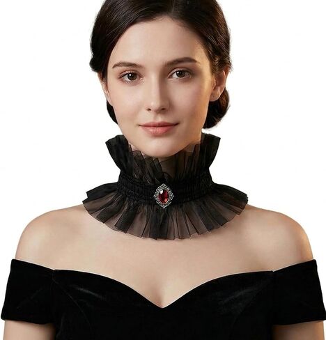 Victorian Ruffle Collar for Women Gothic Vampire Costume Accessory Detachable Renaissance Neck Ruffle with Gemstone in Saudi Arabia