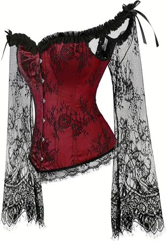 Vintage Corset Top Off Shoulder Vintage Corset Top with Lace Sleeves Women's Lace-Up Bodice Tummy Control Shapewear in Kuwait