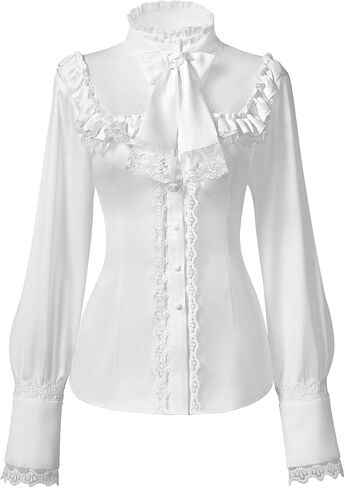 Women's Vintage Renaissance Ruffle Lace Bowknot High Neck Shirts in Saudi Arabia