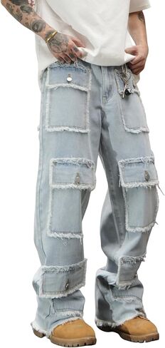 Men's Y2K Baggy Cargo Jeans Casual Distressed Washed Grey Denim Pants with Pockets Relaxed Streetwear in Saudi Arabia