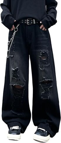 DFGIGT Hip Hop Baggy Jeans for Men with Hole Distressed Wide Leg Skater Jeans Loose Fit Denim Pants Streetwear in Kuwait