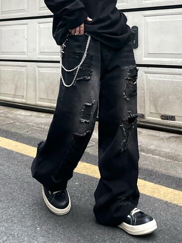 DFGIGT Hip Hop Baggy Jeans for Men with Hole Distressed Wide Leg Skater Jeans Loose Fit Denim Pants Streetwear in Kuwait