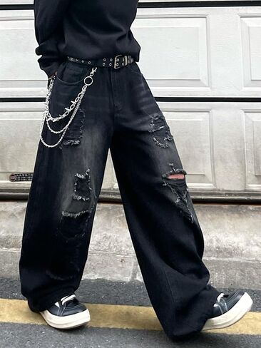 DFGIGT Hip Hop Baggy Jeans for Men with Hole Distressed Wide Leg Skater Jeans Loose Fit Denim Pants Streetwear in Kuwait