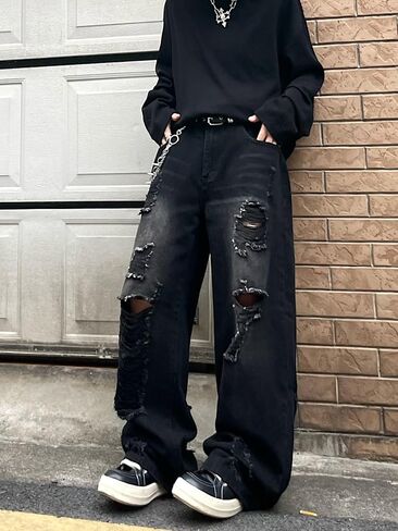 DFGIGT Hip Hop Baggy Jeans for Men with Hole Distressed Wide Leg Skater Jeans Loose Fit Denim Pants Streetwear in Kuwait