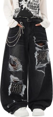 DFGIGT Hip Hop Baggy Jeans for Men with Hole Distressed Wide Leg Skater Jeans Loose Fit Denim Pants Streetwear in Kuwait
