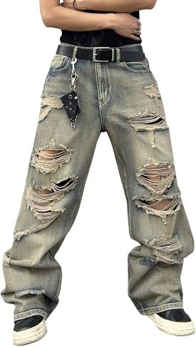 DFGIGT Hip Hop Baggy Jeans for Men with Hole Distressed Wide Leg Skater Jeans Loose Fit Denim Pants Streetwear in Kuwait