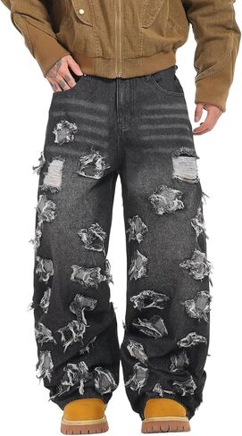 DFGIGT Hip Hop Baggy Jeans for Men with Hole Distressed Wide Leg Skater Jeans Loose Fit Denim Pants Streetwear in Kuwait