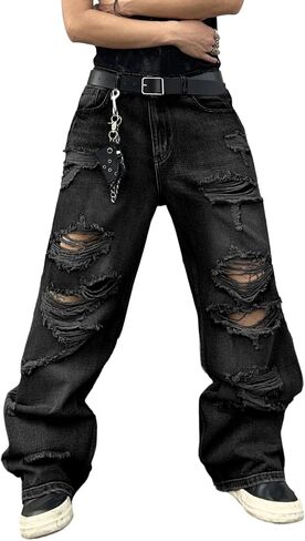 DFGIGT Hip Hop Baggy Jeans for Men with Hole Distressed Wide Leg Skater Jeans Loose Fit Denim Pants Streetwear in Kuwait