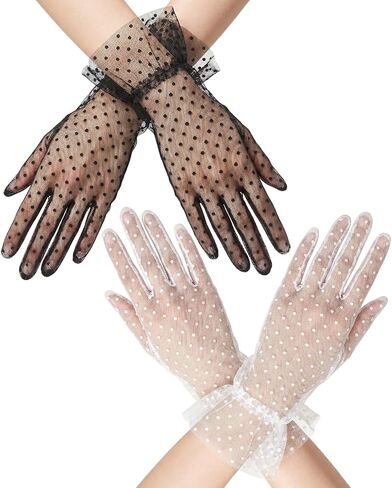 2 Pair Women Lace Gloves Tea Party Gloves Polka Dots Sheer Mesh Mitten Ruffle Trim Bridal Evening Elegant Accessories in Kuwait