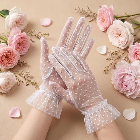 2 Pair Women Lace Gloves Tea Party Gloves Polka Dots Sheer Mesh Mitten Ruffle Trim Bridal Evening Elegant Accessories in Kuwait