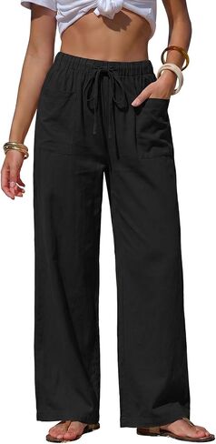 EXLURA Womens Summer Striped Pants Faux Linen Comfy Drawstring Wide Leg Pants Pockets Resort Beach Vacation Lounge Trousers in Kuwait