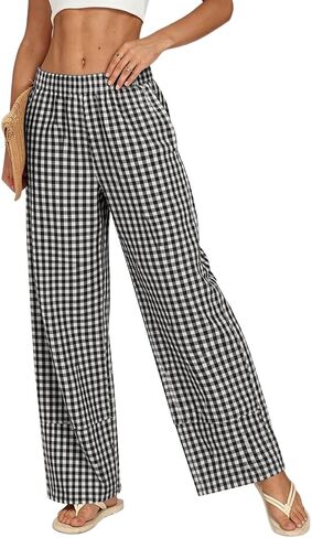 AKEWEI Women's Linen Pants Summer Casual High Waisted Wide Leg Pants Elastic Waist Cotton Trousers with Pockets for Beach in Saudi Arabia