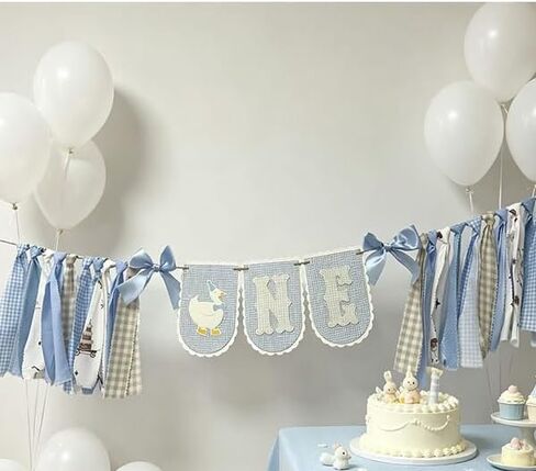 Goose ONE High Chair Banner for 1st Birthday - Blue Gingham Fabric Tassel Bunting for Baby Boy First Birthday Party Decor. in Saudi Arabia