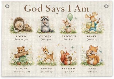 Christian Nursery Decor Canvas Wall Hanging Banner, God Says I Am Woodland Animal Bible Verse Wall Banner Flag for Kids Nursery Toddler Room Playroom Church Decor, 20x30 Inch in Kuwait