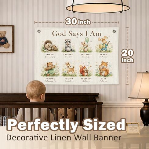 Christian Nursery Decor Canvas Wall Hanging Banner, God Says I Am Woodland Animal Bible Verse Wall Banner Flag for Kids Nursery Toddler Room Playroom Church Decor, 20x30 Inch in Kuwait