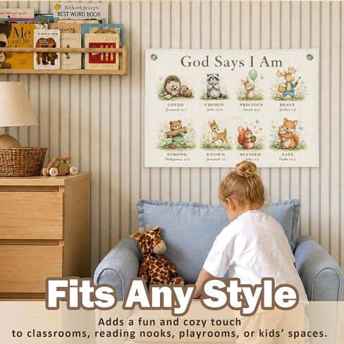 Christian Nursery Decor Canvas Wall Hanging Banner, God Says I Am Woodland Animal Bible Verse Wall Banner Flag for Kids Nursery Toddler Room Playroom Church Decor, 20x30 Inch in Kuwait