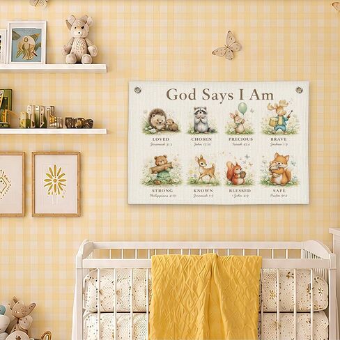 Christian Nursery Decor Canvas Wall Hanging Banner, God Says I Am Woodland Animal Bible Verse Wall Banner Flag for Kids Nursery Toddler Room Playroom Church Decor, 20x30 Inch in Kuwait