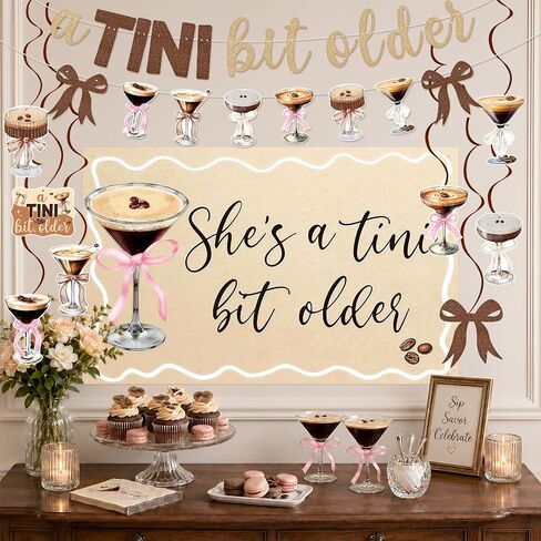 A Tini Bit Older Birthday Decorations Set, Espresso Martini Party Decor with She's a Tini Bit Older Backdrop Banner Hanging Swirls for Women Girls Cocktail Night Bridal Shower Party Supplies in Saudi Arabia