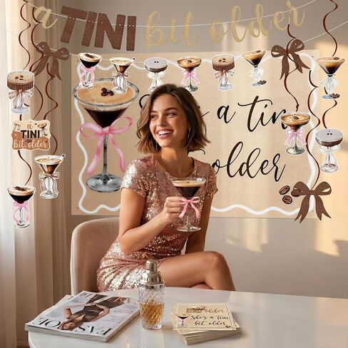 A Tini Bit Older Birthday Decorations Set, Espresso Martini Party Decor with She's a Tini Bit Older Backdrop Banner Hanging Swirls for Women Girls Cocktail Night Bridal Shower Party Supplies in Saudi Arabia