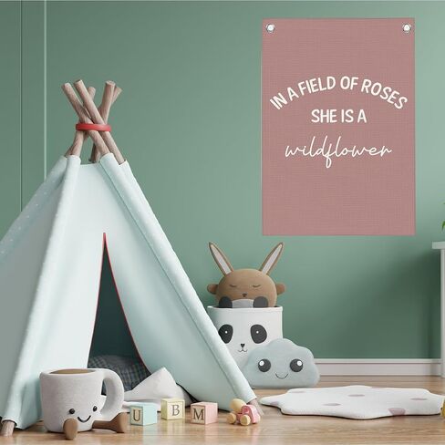 Pink Wildflower Nursery Girls Room Decor Classroom Decorations Kids Room Little Girl Baby Girl Decor Pink Linen Banner Wall Hanging Flag In a Field Full of Roses She Is a Wildflower 20x30 Inch in Saudi Arabia
