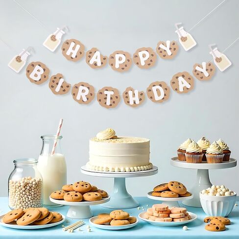MILK AND COOKIES HAPPY BIRTHDAY BANNER, FOOD THEME PARTY DECORATIONS, FUN BABY SHOWER BANNER, IF YOU GIVE A MOUSE A COOKIE, MONSTER BIRTHDAY DECORATION PARTY PHOTO PROPS in Saudi Arabia